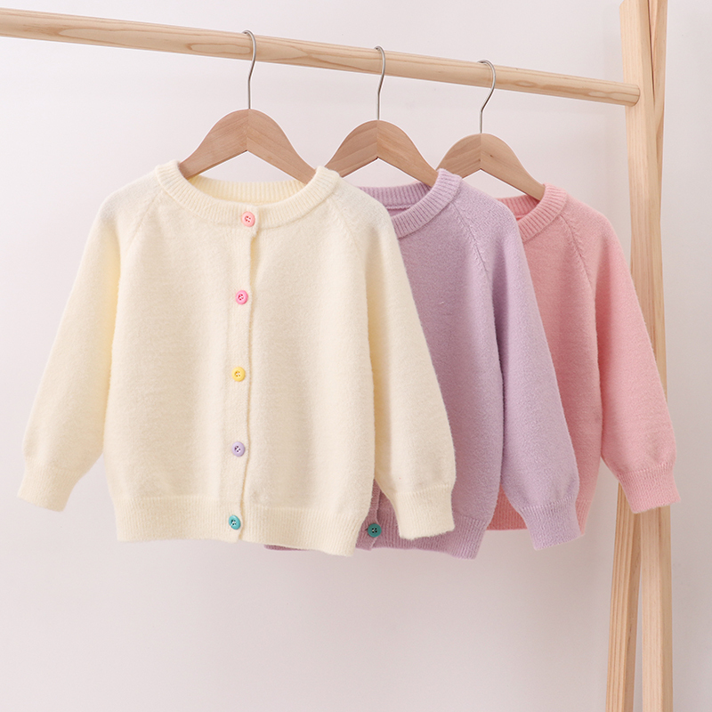 Children's Sweater Cardigan Jacket Spring and Autumn New Baby Candy-Colored Knitwear Girls' Round Neck Base Shirt Top