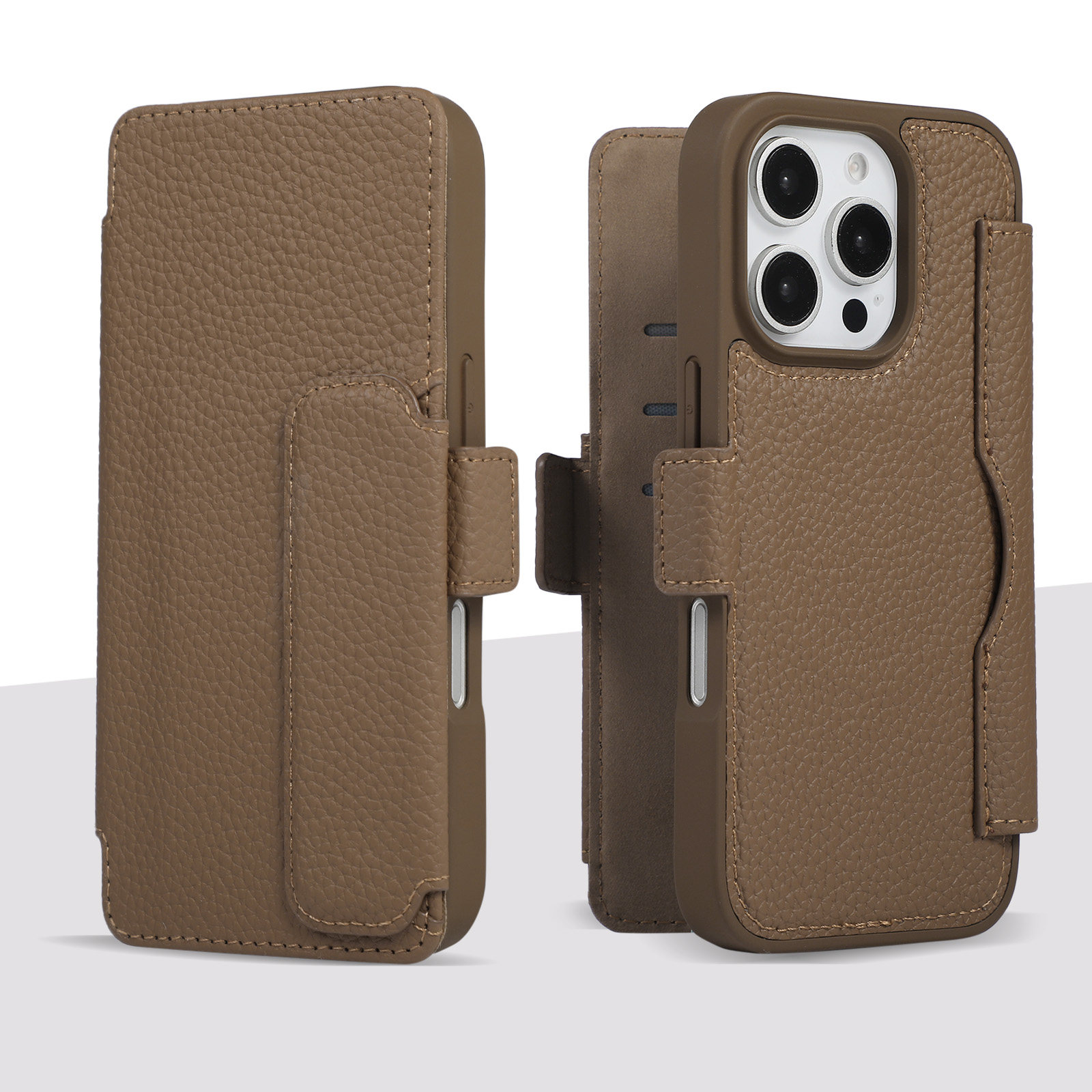 Brown — Lychee Leather Magnetic Charging Flip Card Holder Stand Phone Case