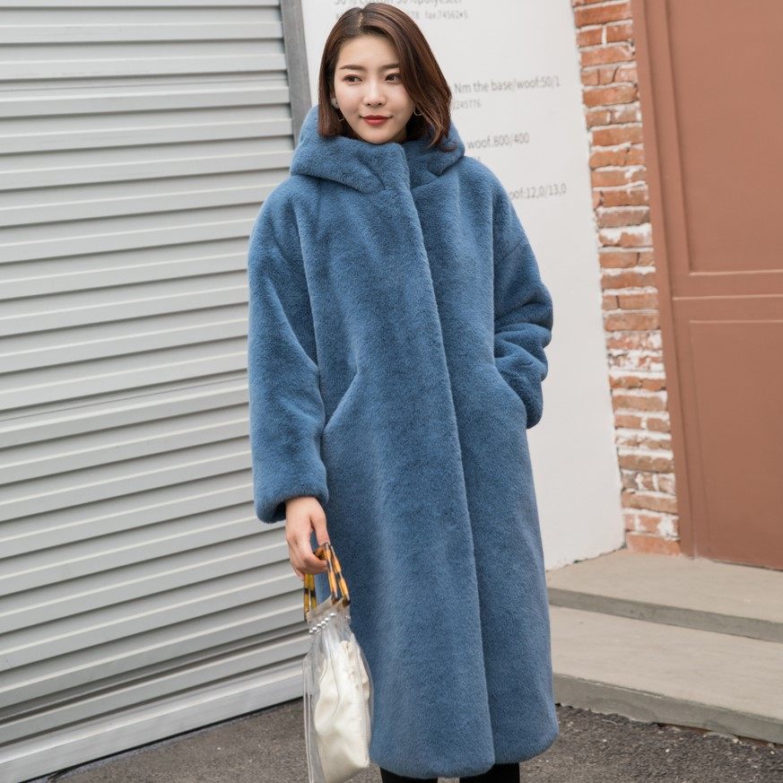 Imitation Mink Fur Coat Women's Autumn and Winter Mid-length Loose Hooded Velvet Eco-Friendly Faux Fur Coat