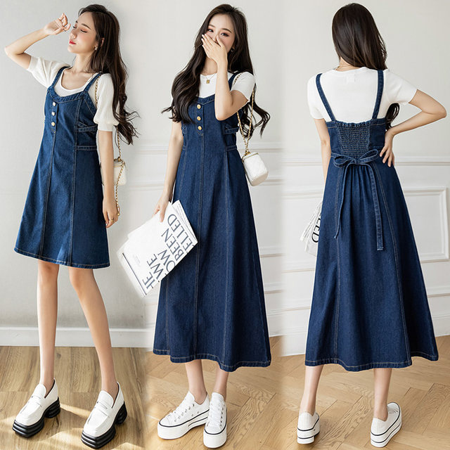 2023 mid-length skirt new plus size all-match loose waist suspenders long skirt denim suspenders a-line dress trendy