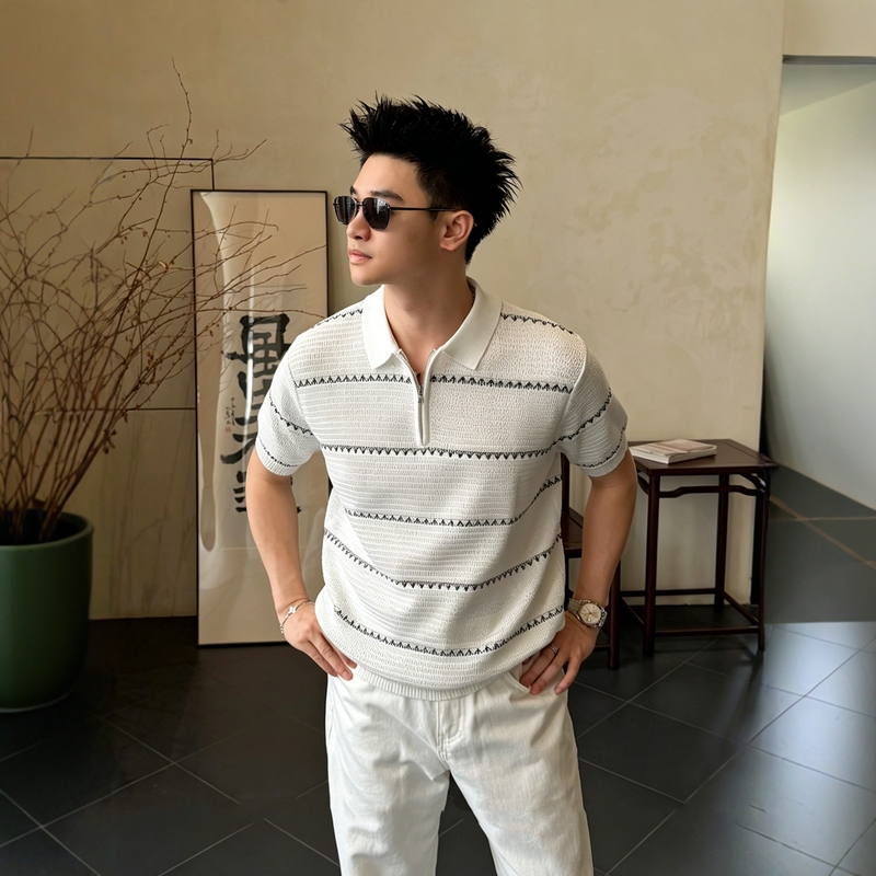 Mature Men's Half-Zip Polo Shirt with a Classic Striped Collar, Knitted Short-Sleeve Sweater, Summer Casual Fashion