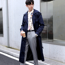 Spring and autumn mens trench coat ultra-long over-the-knee Korean version handsome loose tide fat fat increase blue coat trend