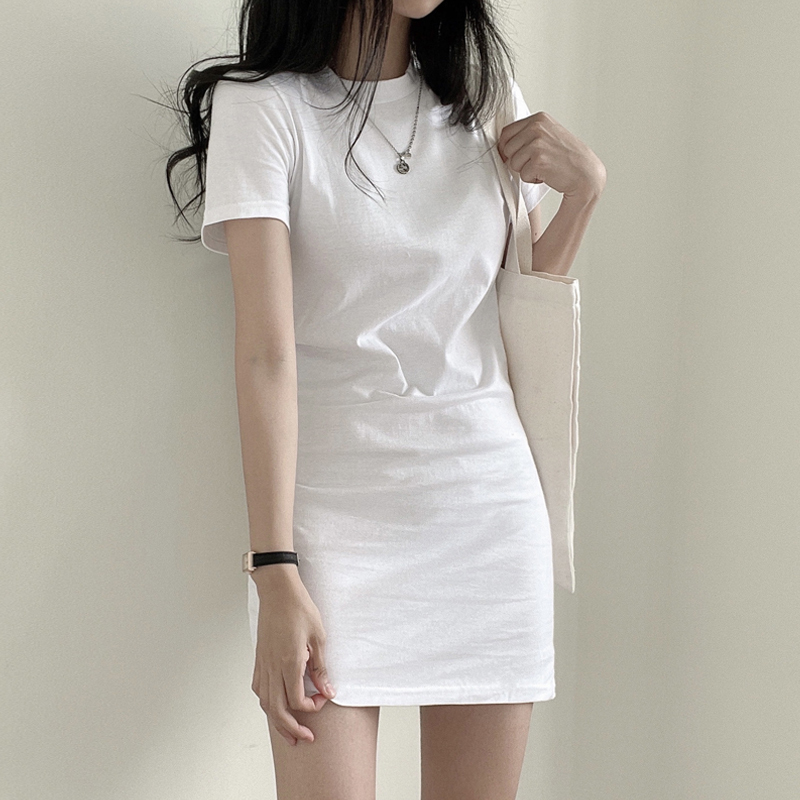White Round-Neck T-Shirt Dress for Women, Short-Sleeved, 2025 Summer New Style, Slim Fit, Mid-Length, Versatile Base Dress