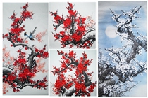Special pure hand-painted Chinese painting plum blossom calligraphy painting four feet bucket small six feet red plum flowers and birds living room Chinese decorative painting heart