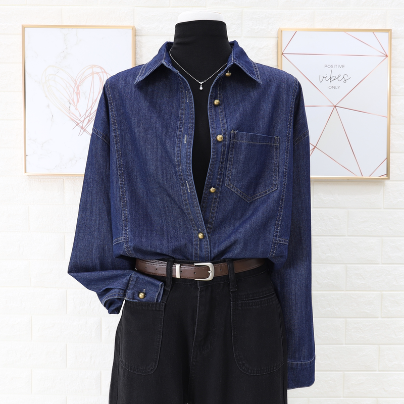 High-End Dark Blue Denim Shirt for Women, Early Spring Denim Color, Loose and Versatile Shirt, Layering Top, Jacket High-End Dark Blue Denim Shirt for Women, Early Spring Denim Color, Loose and Versatile Shirt, Layering Top, Jacket
