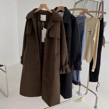 包邮！J3667# 韩系纯色冬款气质长款口袋女士毛呢大衣外套 1.5KG