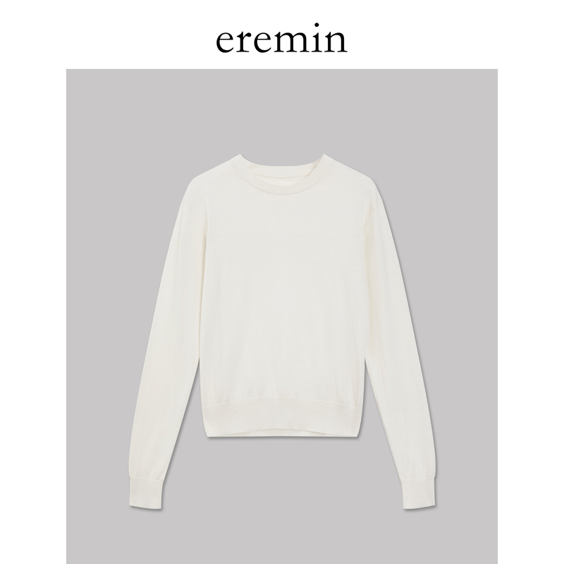 Eremin Lin Moqing/Egg White Knit Sweater/Silk Cotton Soft Ribbed Patchwork Round Neck Base Shirt