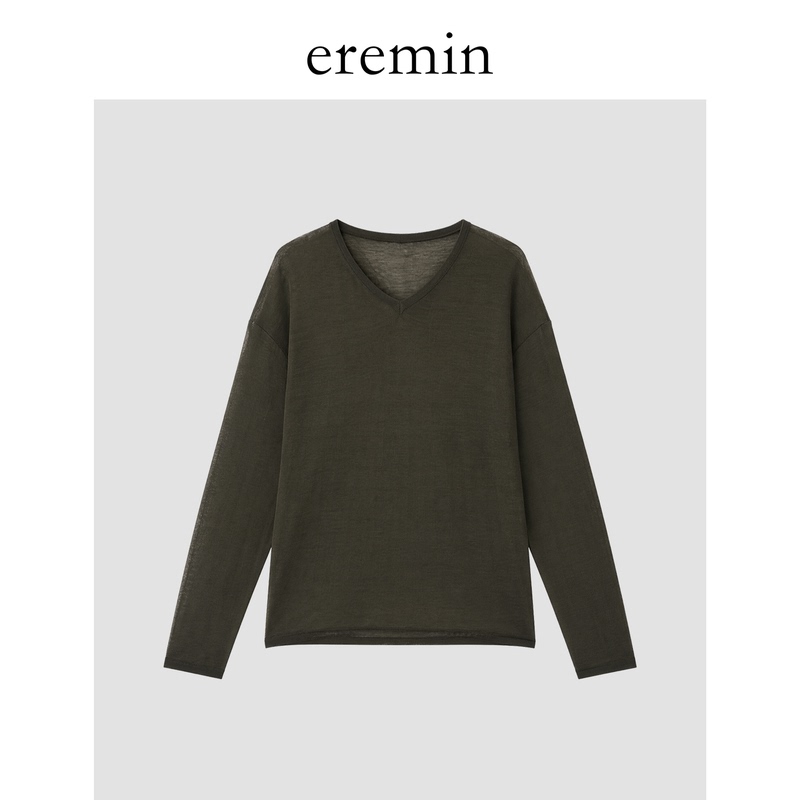 Eremin Lin Ziqing/Brown-Green Knitwear/Cotton Breathable Slimming Relaxed Fit Versatile Silhouette V-Neck Long-Sleeve Cover-Up Shirt Eremin Lin Ziqing/Brown-Green Knitwear/Cotton Breathable Slimming Relaxed Fit Versatile Silhouette V-Neck Long-Sleeve Cover-Up Shirt