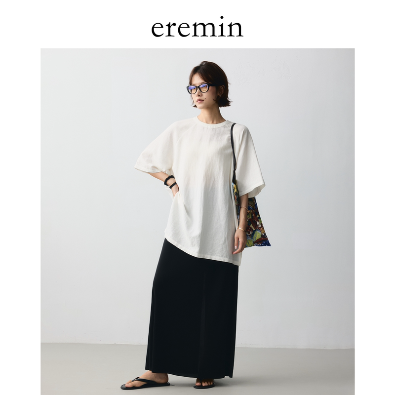 Eremin Lin Moqing/Flax Slit T-Shirt/Loose Round Neck Niche Design Drop Shoulder Short Sleeve Top Summer