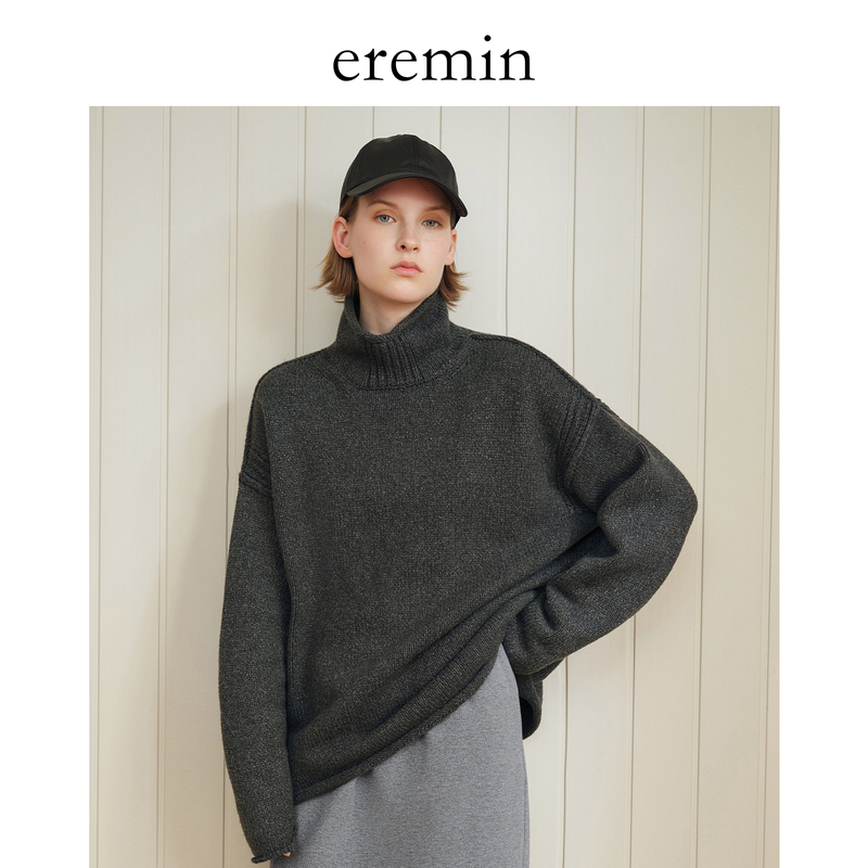 Eremin Lin Moqing/Turtleneck Rolled-Edge Sweater/Coarse-Knit Floral Yarn Silhouette Casual Sweater