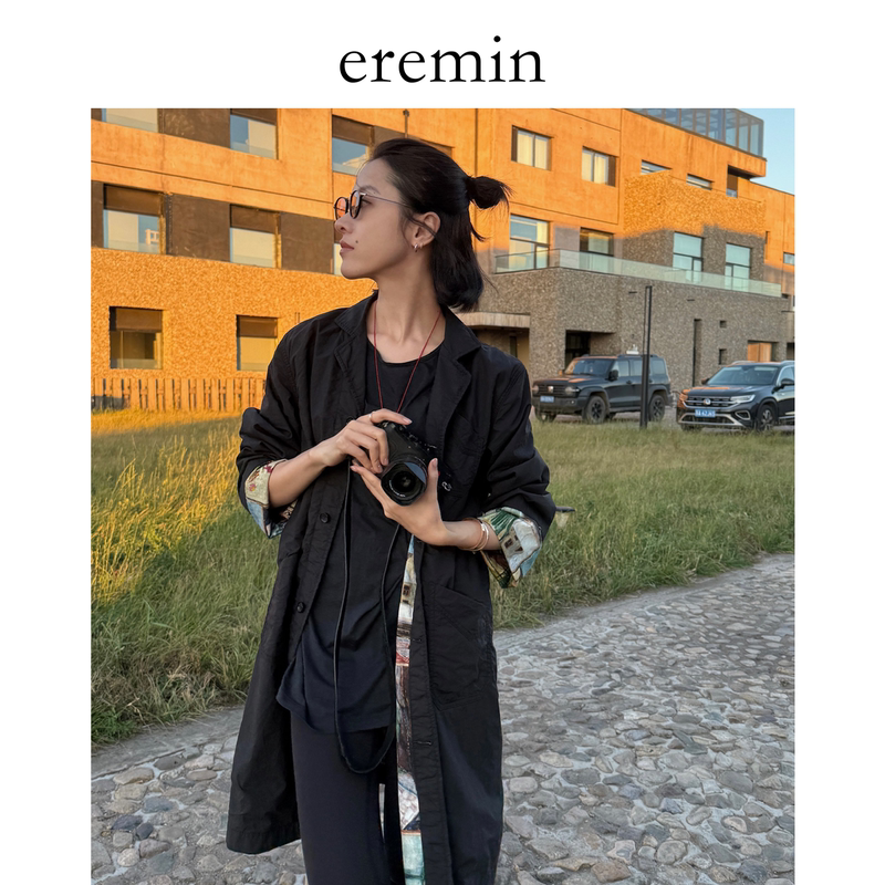 Eremin Lin Moqing/Oil Painting Style Trench Coat/Distressed Wrinkled Texture Painted Print Mid-Length Coat