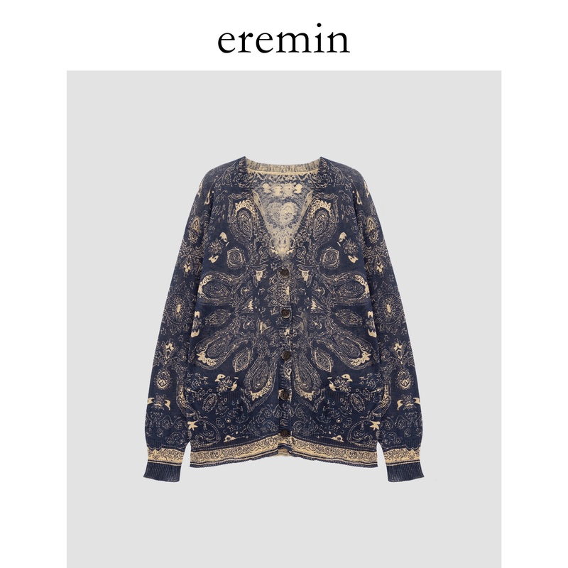 Eremin Lin Moqing/Cashew Flower Cardigan/All-Cotton Retro Color-Blocking Pattern Design V-Neck Loose Knit Cardigan