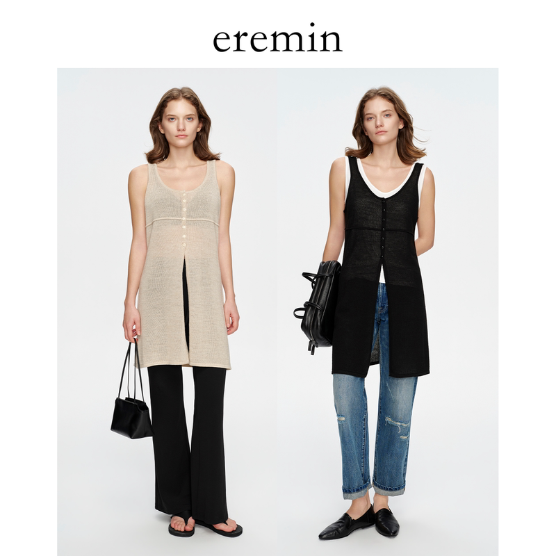 Eremin Lin Moqing/Slit Long Knitwear/Sheep Wool Blend X-Shaped Sleeveless Versatile Slimming Knit Top Eremin Lin Moqing/Slit Long Knitwear/Sheep Wool Blend X-Shaped Sleeveless Versatile Slimming Knit Top
