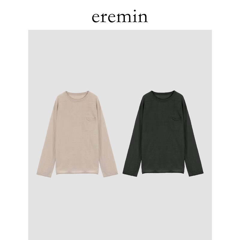 Eremin Lin Moqing/Full Linen Yarn Knitted Lazy Style Pocket Rolled Hem Long-Sleeve Blouse T-Shirt Eremin Lin Moqing/Full Linen Yarn Knitted Lazy Style Pocket Rolled Hem Long-Sleeve Blouse T-Shirt