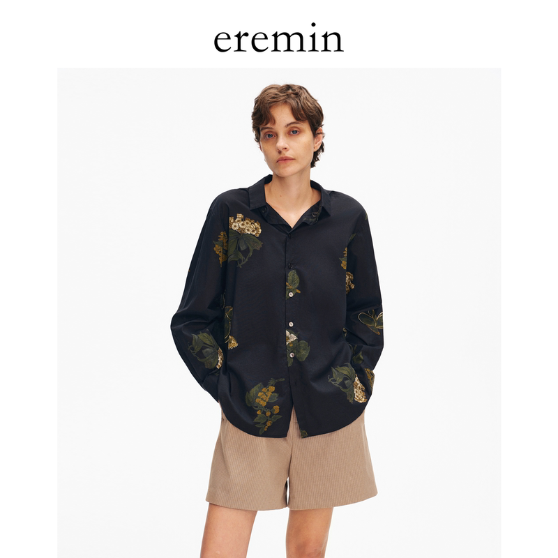 Eremin Lin Moqing/Printed Shirt/Long-Staple Cotton Plant Print Vintage Loose Lapel Long-Sleeve Shirt