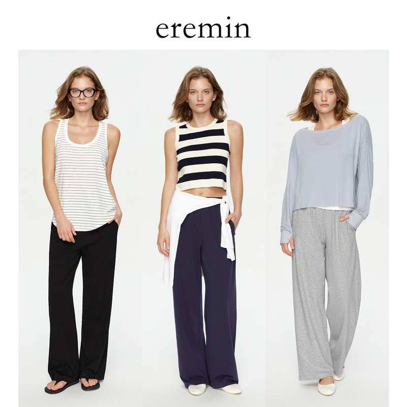 Eremin Lin Moqing/Solid Color Straight-Leg Sweatpants/Cotton + Spandex Soft and Comfortable Elastic Waist Loose Casual Pants