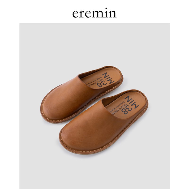 Eremin Lin Moqing/Water-Dyed Vegetable-Tanned Leather Closed-Toe Soft-Soled Comfortable Genuine Leather Mules for Outdoor Wear