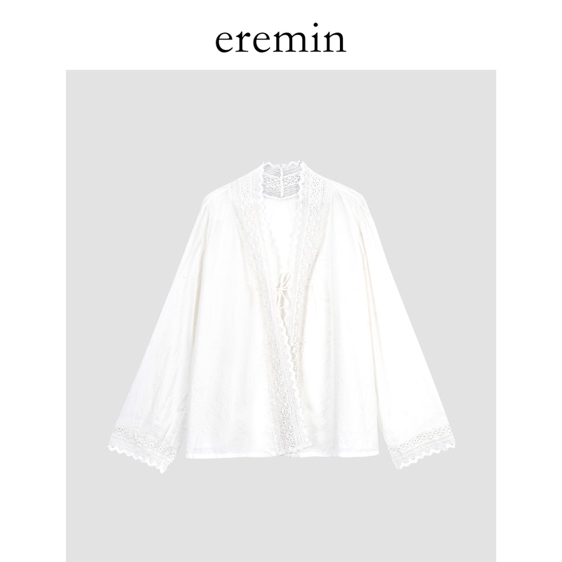 Eremin Lin Moqing/Lace Blouse/26 Autumn New Collection All-Cotton Lace Shirt V-Neck Tie Design Top Eremin Lin Moqing/Lace Blouse/26 Autumn New Collection All-Cotton Lace Shirt V-Neck Tie Design Top