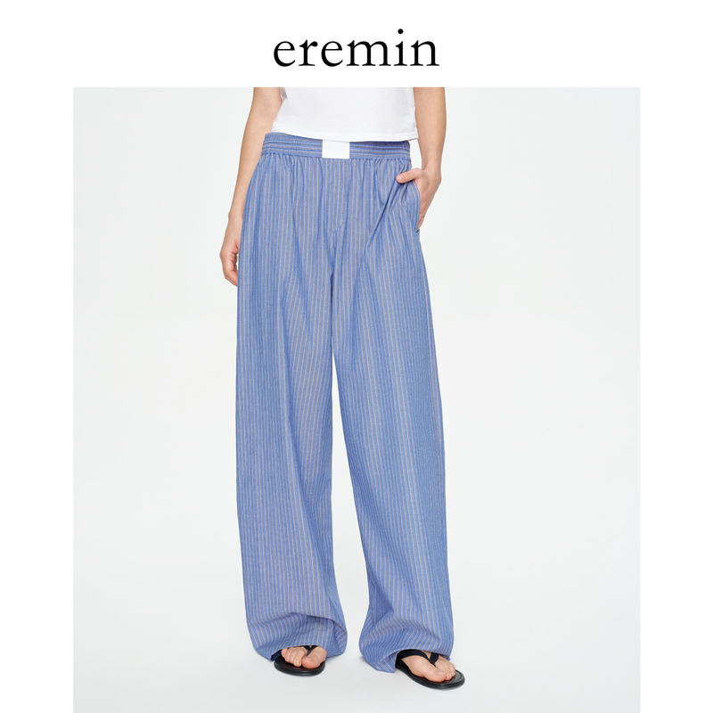 Eremin Lin Moqing/Blue Striped Pants/Retro Lazy Style Vertical Striped Elastic Waist Straight Casual Pants Eremin Lin Moqing/Blue Striped Pants/Retro Lazy Style Vertical Striped Elastic Waist Straight Casual Pants