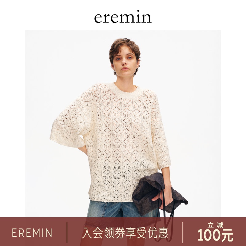 Eremin Lin Moqing/Crochet Knit/White Top for Women Spring Loose Short-Sleeved Hollow Knit Sweater Eremin Lin Moqing/Crochet Knit/White Top for Women Spring Loose Short-Sleeved Hollow Knit Sweater
