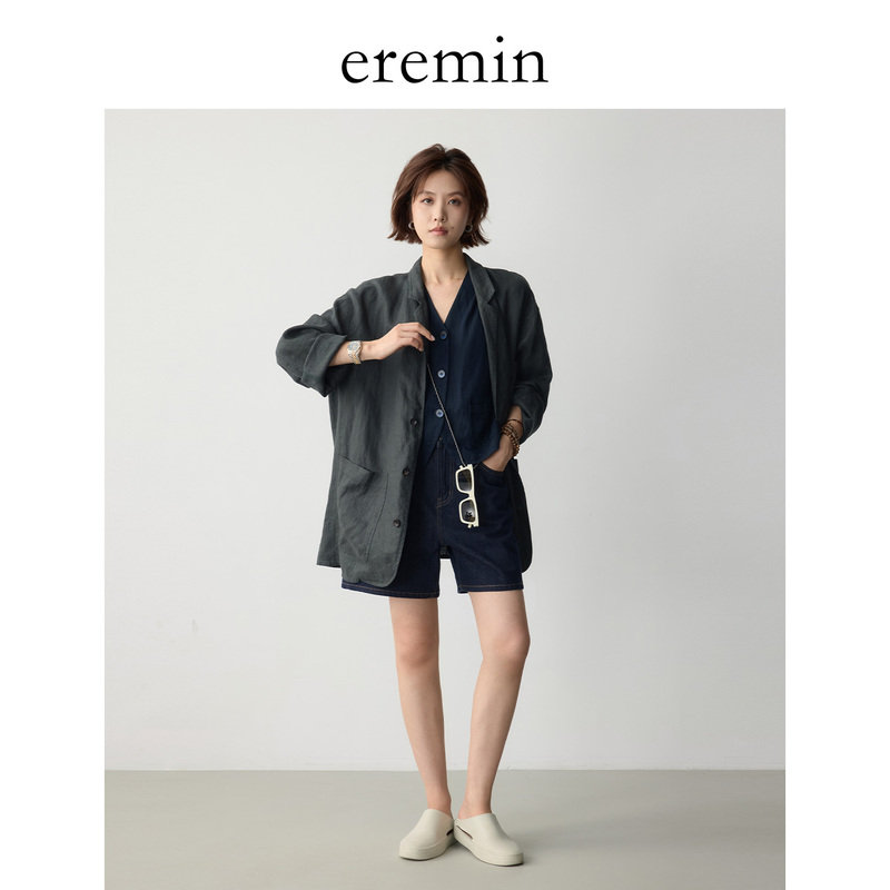 Eremin Lin Moqing/ Gray-Green Linen Jacket/ Linen Loose Casual Suit Collar Thin Jacket Eremin Lin Moqing/ Gray-Green Linen Jacket/ Linen Loose Casual Suit Collar Thin Jacket