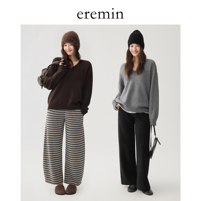 Eremin Lin Moqing/ V-Neck Sweater/ Soft and Cozy Autumn and Winter Loose Double V-Neck Blended Pullover Sweater