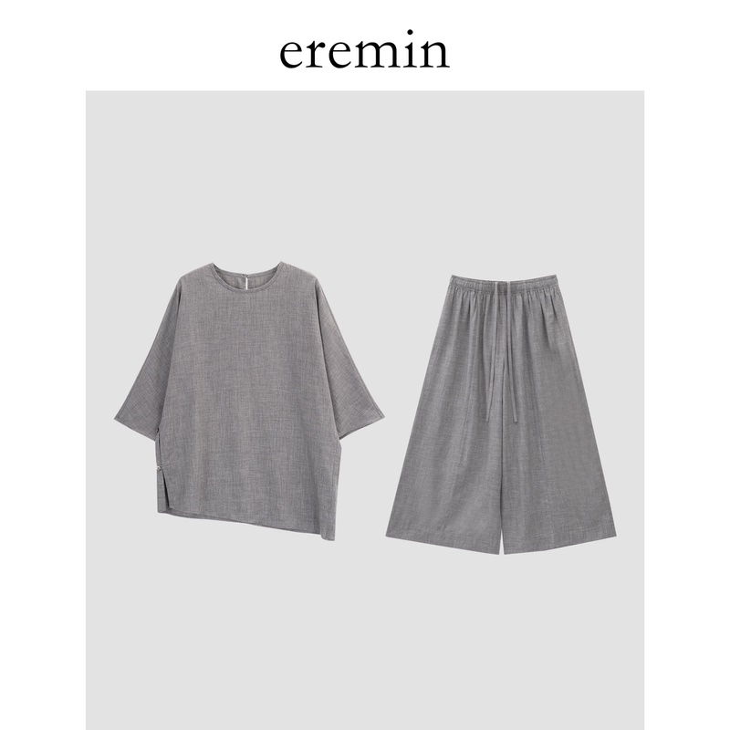 Eremin Lin Moqing/Floral Gray Set/Lyocell Wool Floral Yarn Oversized Asymmetrical T-Shirt + Cropped Casual Pants Eremin Lin Moqing/Floral Gray Set/Lyocell Wool Floral Yarn Oversized Asymmetrical T-Shirt + Cropped Casual Pants