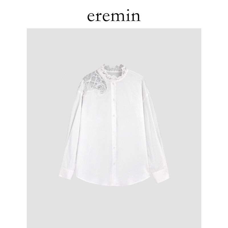Eremin Lin Moqing/Floral Embroidery Shirt/Lace Patchwork Single-Breasted Casual Loose Shirt