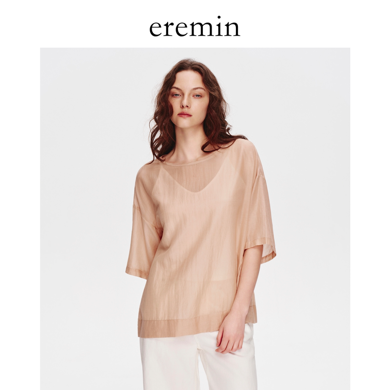 Eremin Lin Moqing/Yangfen T/Silk + Cotton Lightweight Drop Shoulder Whitening Loose Round Neck Short Sleeve T-Shirt