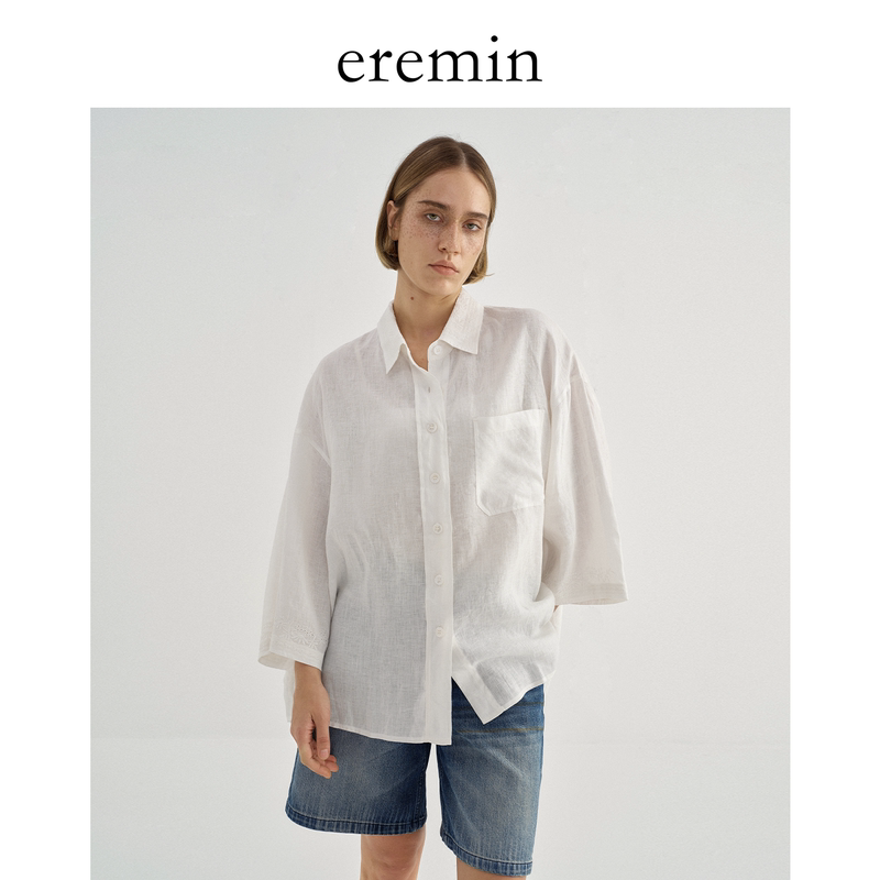 Eremin Lin Moqing/Hollow Embroidered Shirt/Linen Sheer Heavy Embroidery Wide Sleeve Shirt