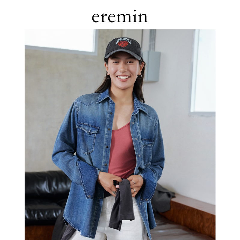 Eremin Lin Moqing/Red Plaid Denim Shirt/Lapel Patch Pocket Washed Vintage Denim Shirt Eremin Lin Moqing/Red Plaid Denim Shirt/Lapel Patch Pocket Washed Vintage Denim Shirt