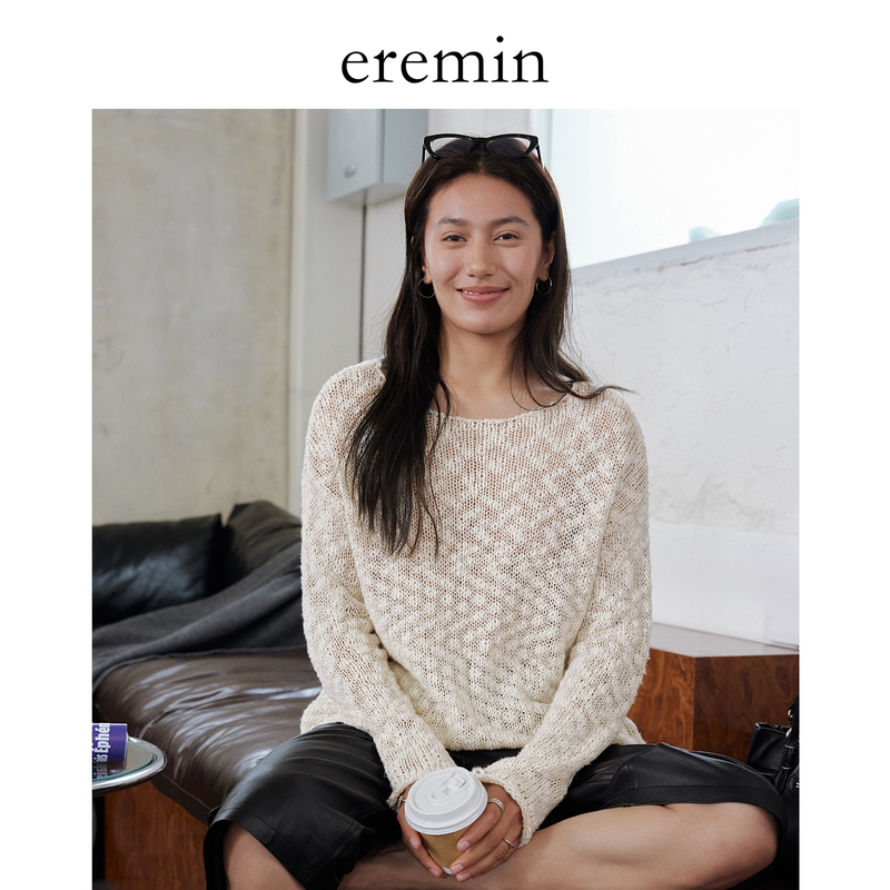 Eremin Lin Ziqing/Snow Cake Knitwear/Textured Silver Thread Slightly Transparent Boat Neck Knit Sweater