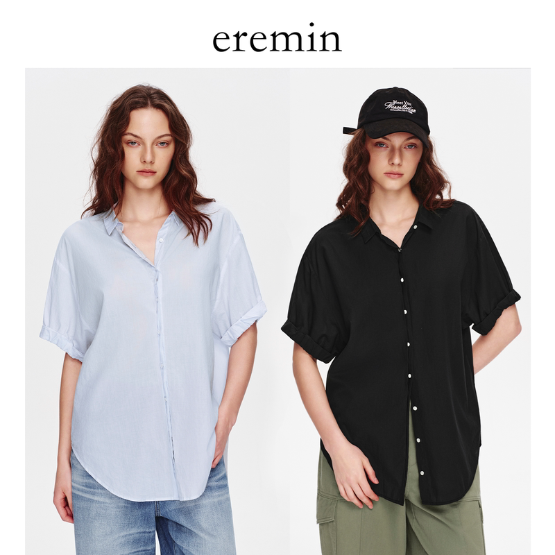 Eremin Lin Moqing/Turn-Up Sleeve Shirt/Cotton Breathable Versatile Turn-Down Collar Loose Casual Short-Sleeve Shirt for Commuting