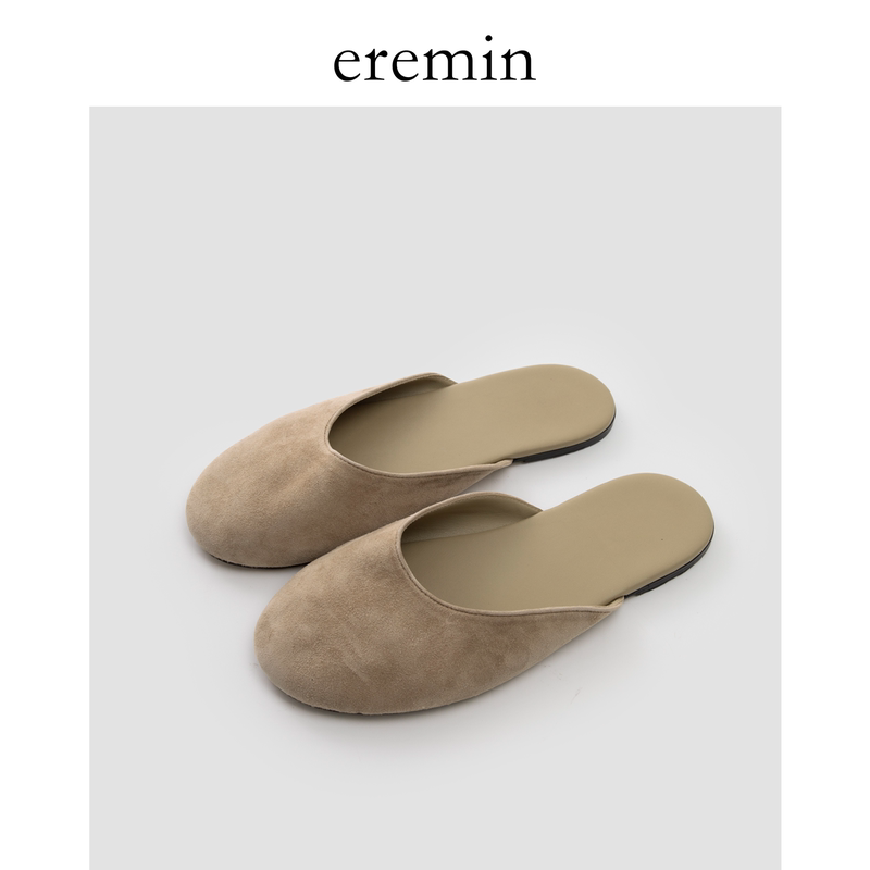 Eremin Lin Moqing/Sheep Suede Retro Round-Toe Half-Wrap Relaxed Mules Flat Half-Slippers