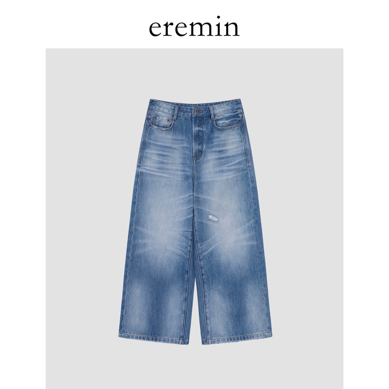 Eremin Lin Moqing/Whiskered Denim/Cotton Vintage Light Blue Distressed Slimming Casual Eight-Point Wide-Leg Jeans Eremin Lin Moqing/Whiskered Denim/Cotton Vintage Light Blue Distressed Slimming Casual Eight-Point Wide-Leg Jeans