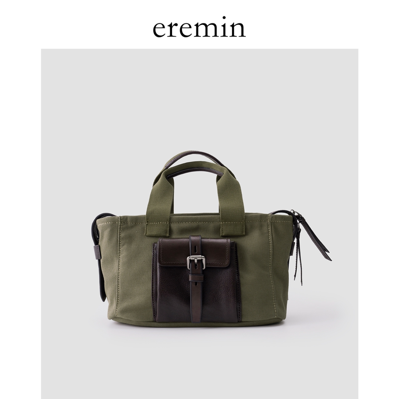 Eremin Lin Moqing/Vegetable-Tanned Leather with Canvas Pocket Color-Blocked Medium-Sized Versatile Commuter Shoulder Crossbody Bag