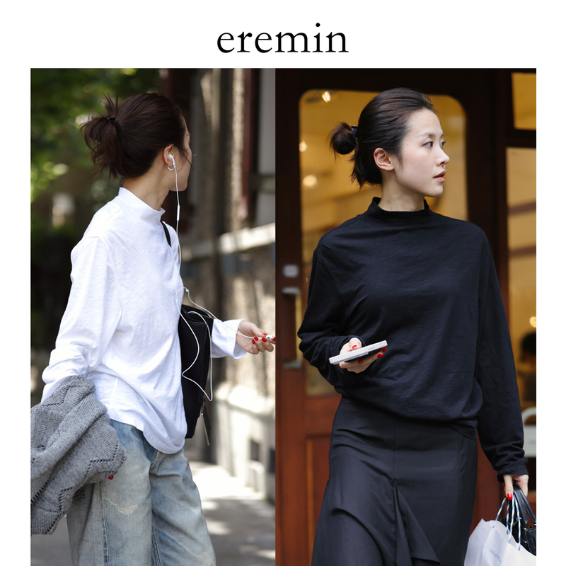 Eremin Lin Moqing/Half-High Collar Bamboo Knit T-Shirt/26 Autumn New Product, Soft and Comfortable, Pleated, Slimming, Basic Long-Sleeve T-Shirt