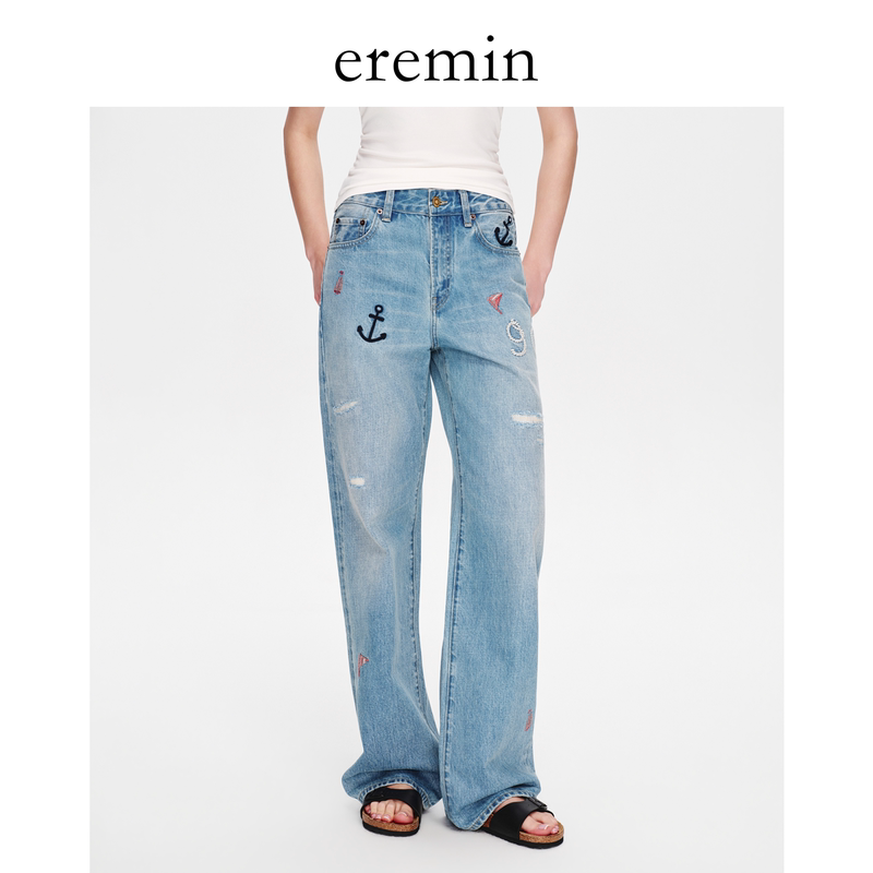 Eremin Lin Ziqing/Nautical Pants/26 Autumn Washed Cotton Anchor Embroidery Distressed Vintage Straight-Leg Jeans Eremin Lin Ziqing/Nautical Pants/26 Autumn Washed Cotton Anchor Embroidery Distressed Vintage Straight-Leg Jeans