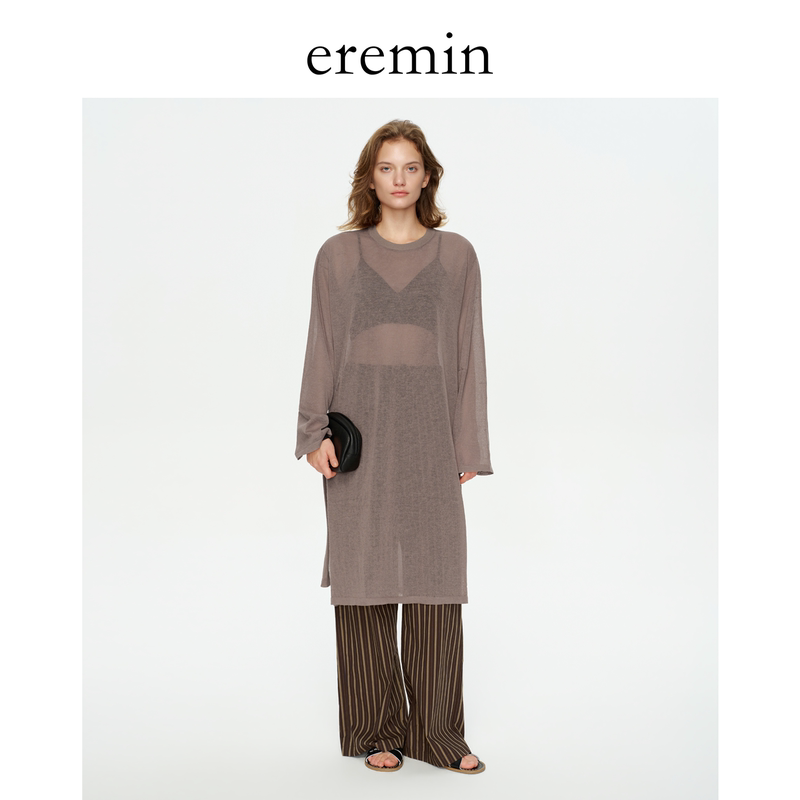 Eremin Lin Ziqing/Sheer Skirt/Linen Slightly Transparent Slit Mid-Length Layered Knit Sweater
