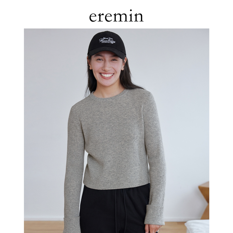 Eremin Lin Moqing/Flared Sleeve Sweater/Sheep Wool Vertical Ribbed Round Neck Short Knit Top