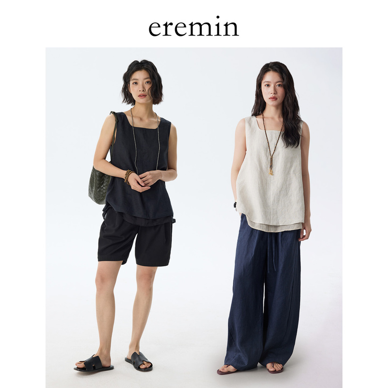 Eremin Lin Moqing/Double-Layer Linen Vest/Fake Two-Piece Linen U-Neck Sleeveless Outerwear for Women Eremin Lin Moqing/Double-Layer Linen Vest/Fake Two-Piece Linen U-Neck Sleeveless Outerwear for Women
