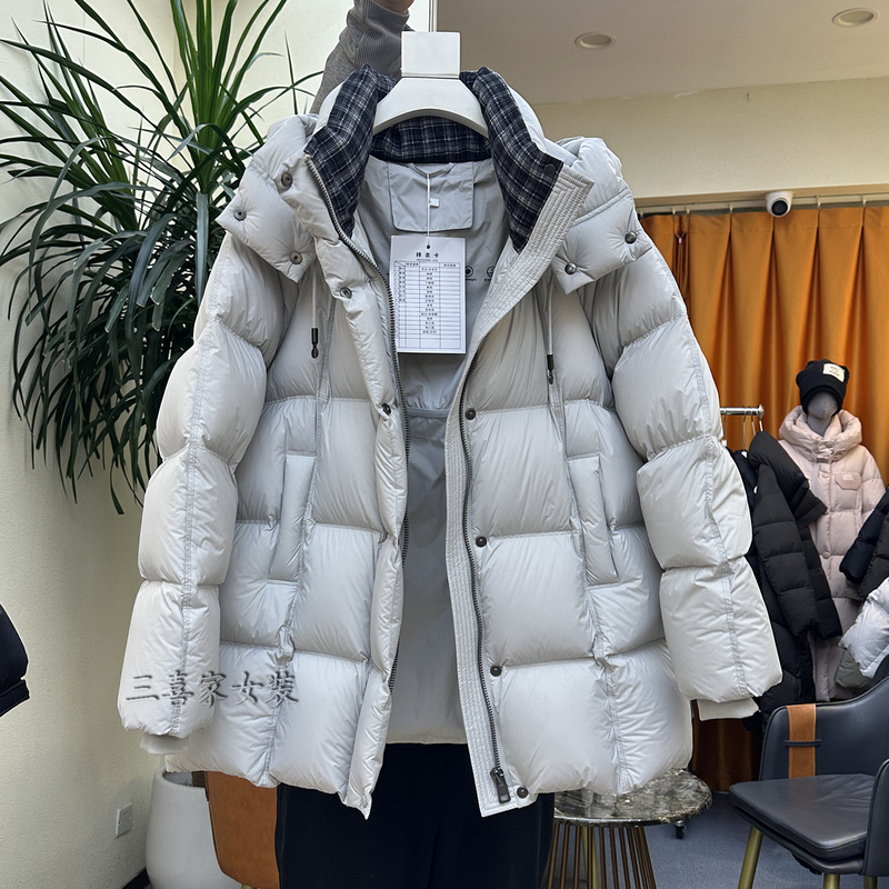 Plaid Patchwork Hooded Thickened Mid-Length down Jacket for Women, 2025 Winter New Model, 95% White Duck down Warm Coat