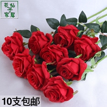 Wedding decoration rose bouquet simulation high-grade single silk cloth plastic fake flower big red table ornaments flower arrangement props
