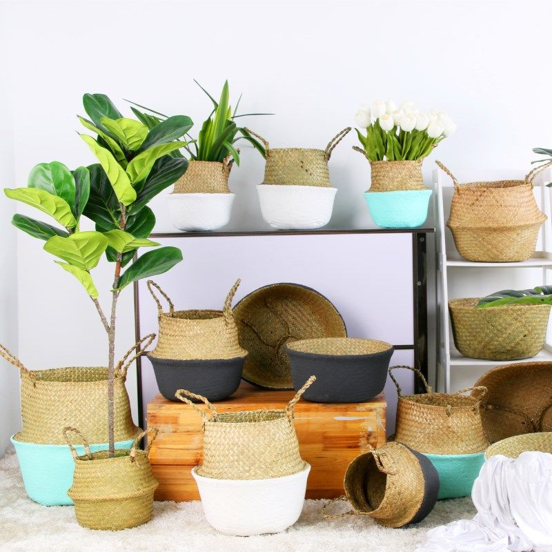 Floor-to-ceiling simulation large-scale green plant matching flower basket Grass woven rattan woven flower pot portable pastoral Nordic creative decoration