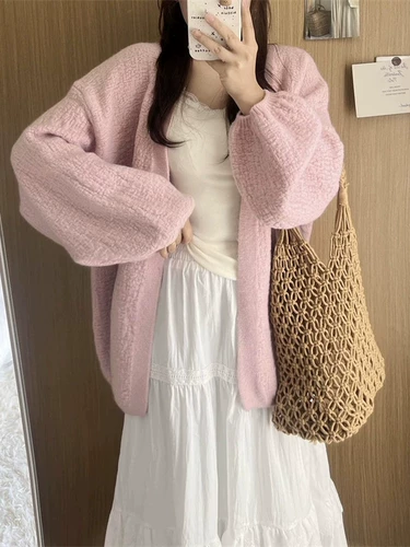 Трикотажный дизайнерский свитер, кардиган, V-образный вырез, свободный крой, рукава фонарики