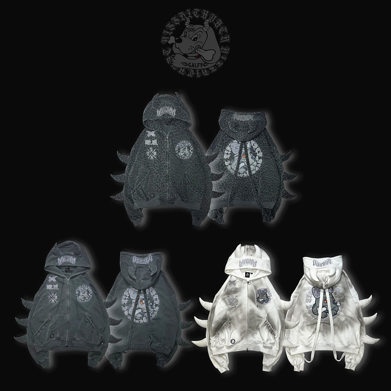 Japanese Harajuku Galfy Collaboration Kry Cthulhu-Style Devil Horn Tie-Up Washed Gray Hooded Sweatshirt Jacket Unisex