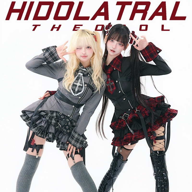 Japanese Idol Bondage-Style Uniform with Tie, Long-Sleeved Shirt, Red and Gray Plaid Layered Lace Short Skirt Set