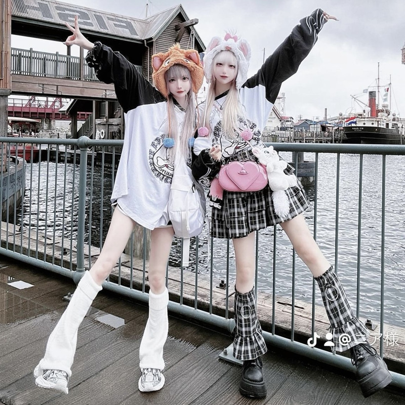 Japanese Harajuku Trendy Brand Galfy Collaboration with Kry Subculture Tattoo Embroidery Flame Extra-Long Sleeve Cute Sleeve T-Shirt Dress