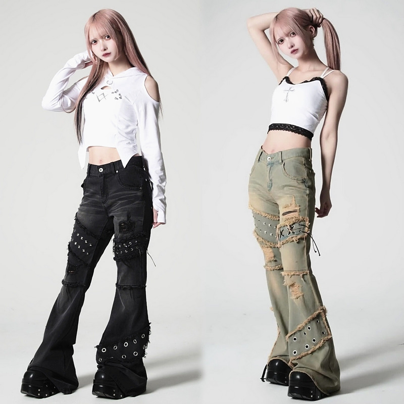Japanese Subculture Trendy Brand Reflem Raw Edge Rivet Strap Skinny Flared Jeans Extended Length Unisex Y2K