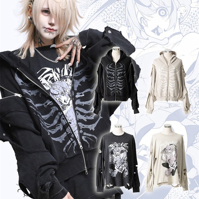 Japanese Brand Travas Collaboration with Artist Gedraji, Distressed Ripped Long-Sleeve T-Shirt Hoodie, Visual Style for Men Japanese Brand Travas Collaboration with Artist Gedraji, Distressed Ripped Long-Sleeve T-Shirt Hoodie, Visual Style for Men